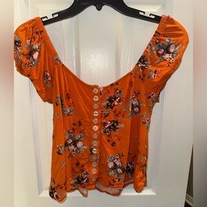 FREE PEOPLE Top Womens Small Orange Clouse to you Blouse Floral Button Peasant
